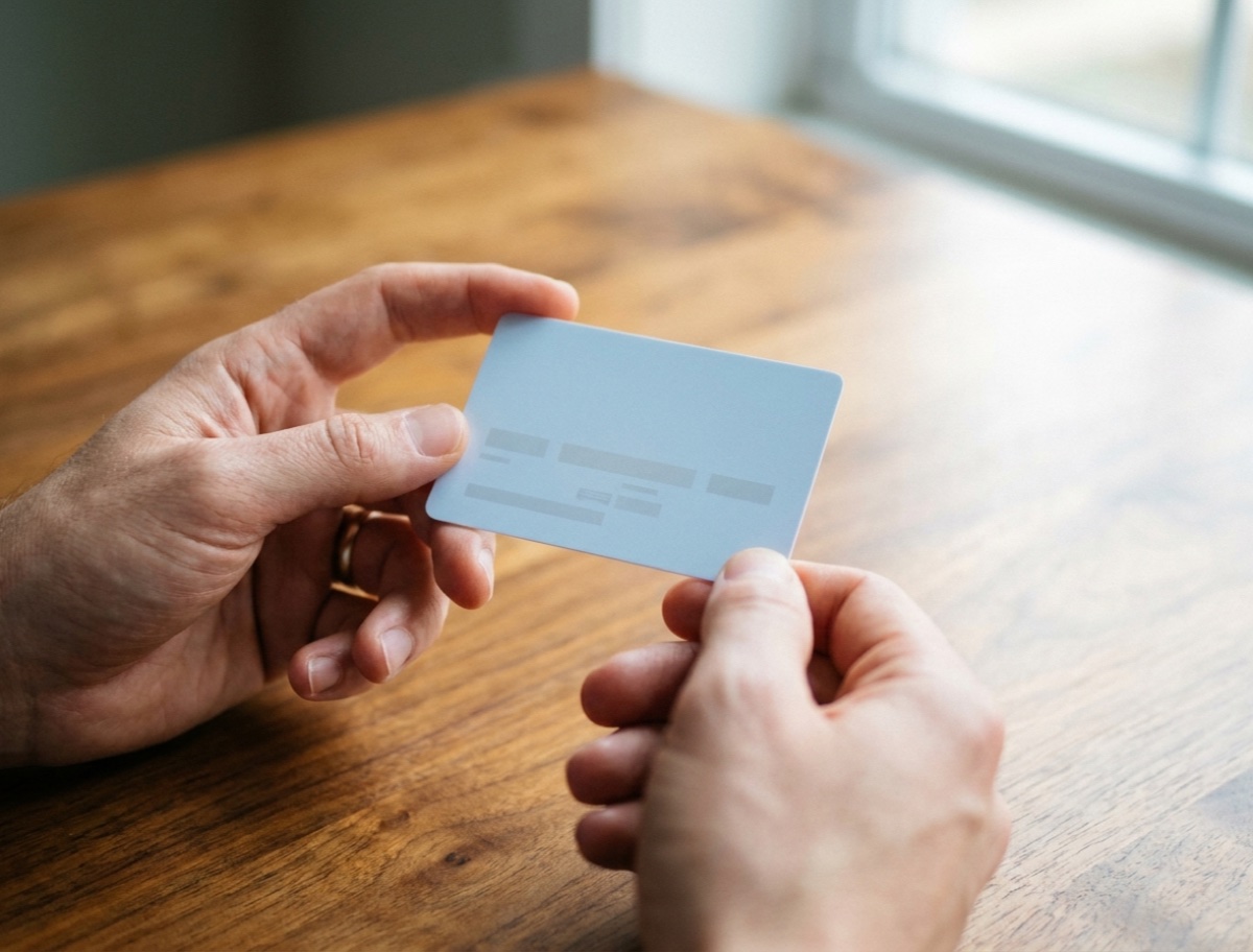 Hands holding a blue identification card over a wooden table